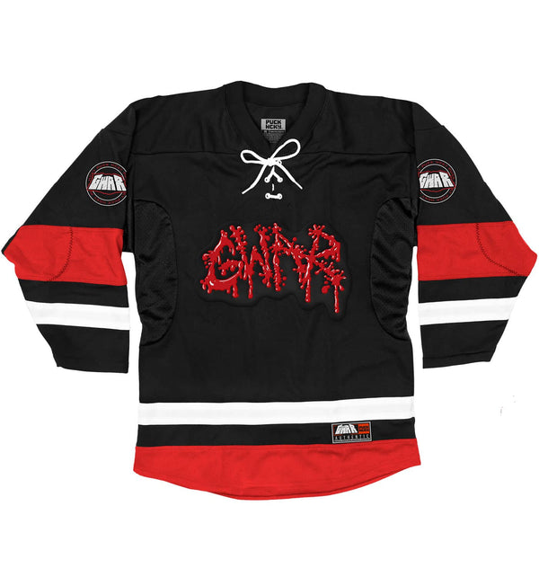 GWAR 'TIME FOR SOME STITCHES' deluxe hockey jersey in black, white, and red front view