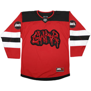GWAR 'TIME FOR SOME STITCHES' deluxe hockey jersey in red, black, and white front view
