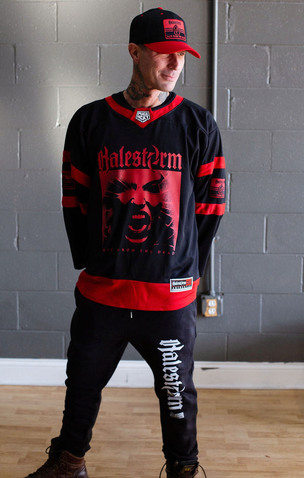 HALESTORM ‘BACK FROM THE DEAD’ hockey jersey in black and red front view on model