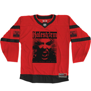 HALESTORM ‘BACK FROM THE DEAD’ hockey jersey in red and black front view
