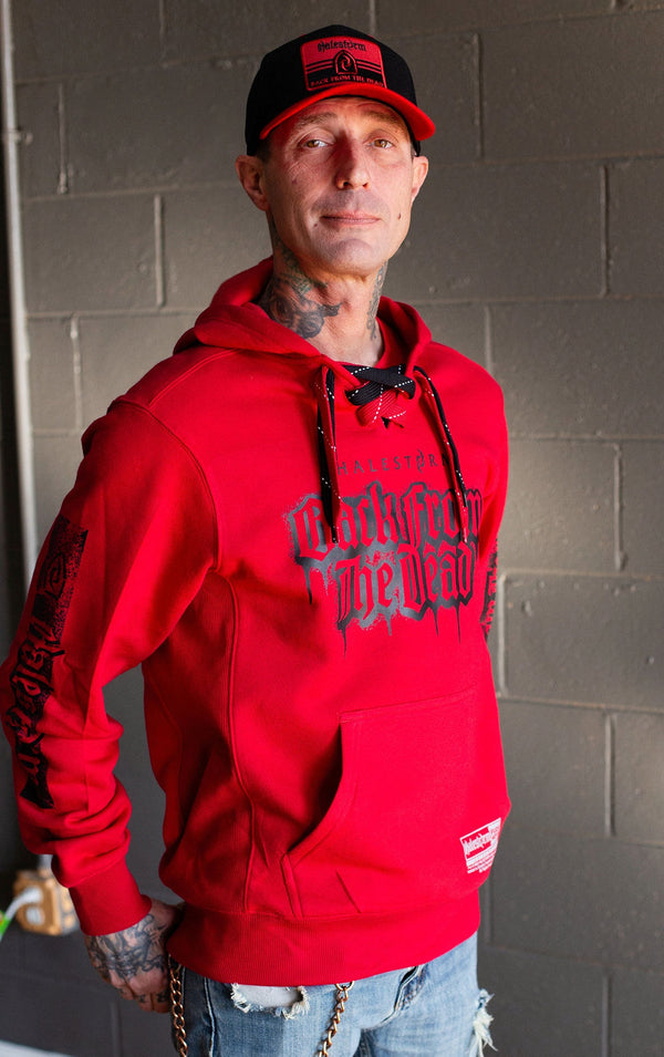 HALESTORM 'BACK FROM THE DEAD' laced pullover hockey hoodie in red with red and black laces front view on model