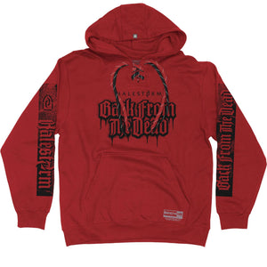 HALESTORM 'BACK FROM THE DEAD' laced pullover hockey hoodie in red with red and black laces front view