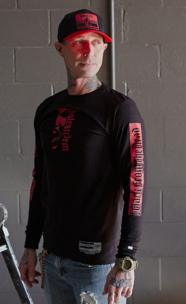 HALESTORM 'BACK FROM THE DEAD' long sleeve hockey t-shirt in black front view on model