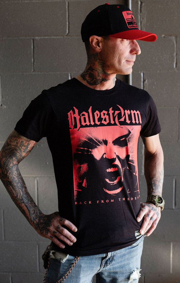 HALESTORM 'BACK FROM THE DEAD' short sleeve hockey t-shirt in black front view on model