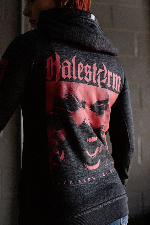 HALESTORM 'BACK FROM THE DEAD' women's full zip hockey hoodie in acid black back view on model