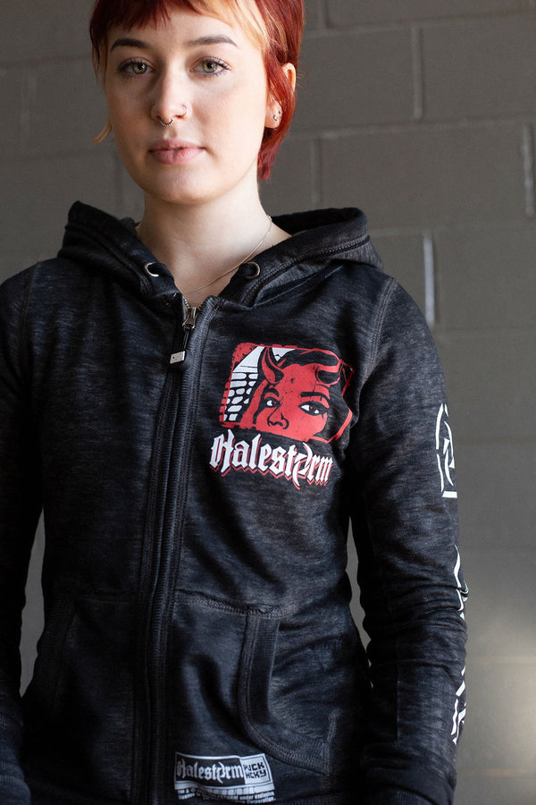 HALESTORM 'WICKED WAYS' women's full zip hockey hoodie in acid black front view on model