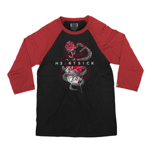 HEARTSICK ‘THE SNAKE AND THE ROSE’ hockey raglan t-shirt in black with red sleeves front view