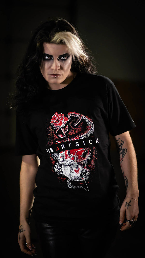 HEARTSICK ‘THE SNAKE AND THE ROSE’ short sleeve hockey t-shirt in black front view on model
