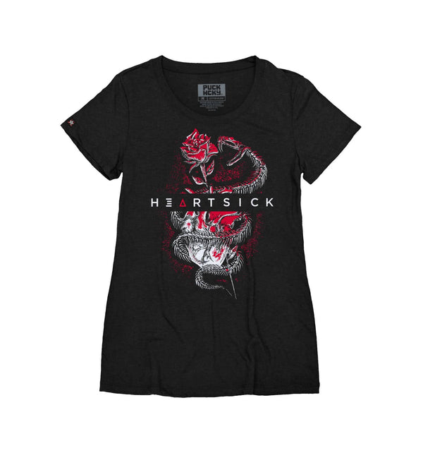 HEARTSICK ‘THE SNAKE AND THE ROSE’ women's short sleeve hockey t-shirt in black front view