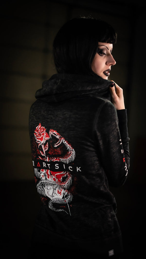 HEARTSICK ‘THE SNAKE AND THE ROSE’  women's full zip hockey hoodie in acid black back view on model