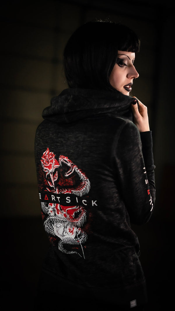 HEARTSICK ‘THE SNAKE AND THE ROSE’ women's full zip hockey hoodie in acid black back view on model