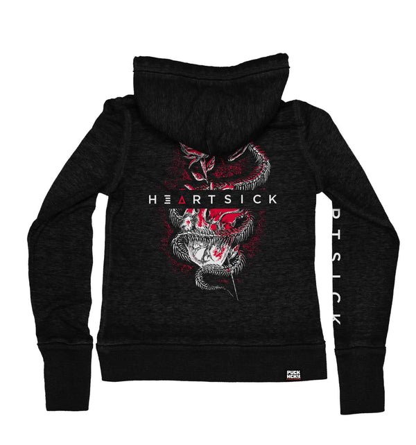 HEARTSICK ‘THE SNAKE AND THE ROSE’ women's full zip hockey hoodie in acid black back view