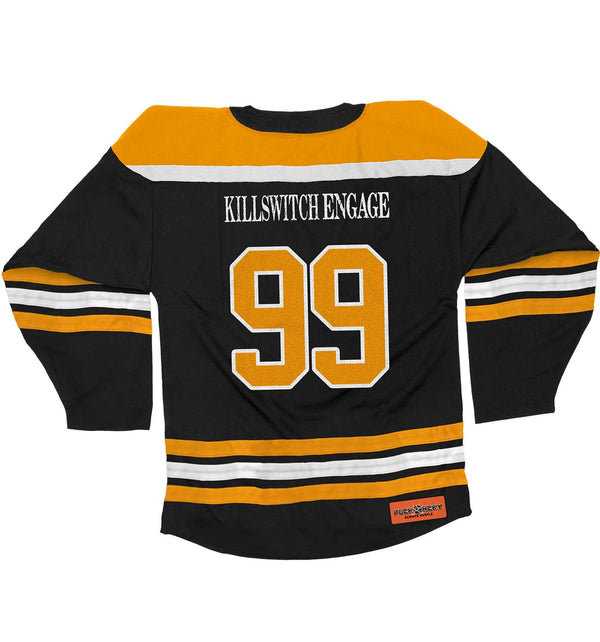 KILLSWITCH ENGAGE 'SAVE ME' hockey jersey in black, gold, and white back view