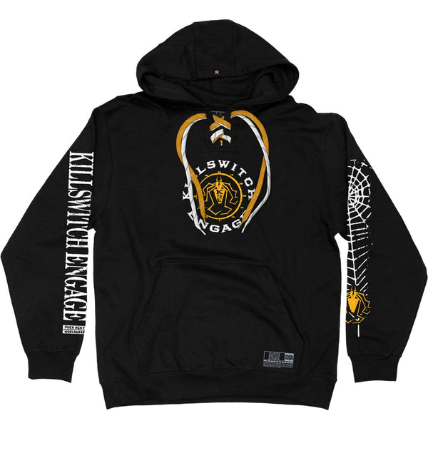 KILLSWITCH ENGAGE ‘SAVE ME’ laced pullover hockey hoodie in black with yellow and white laces front view