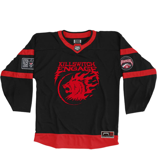 KILLSWITCH ENGAGE 'SKATE BY DESIGN' limited edition autographed hockey jersey in black and red front view