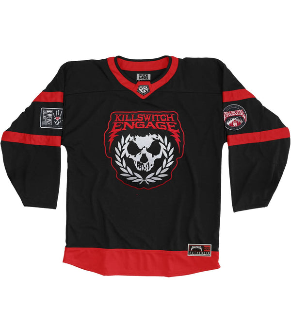 KILLSWITCH ENGAGE 'UNLEASHED' limited edition autographed deluxe hockey jersey in black and red front view