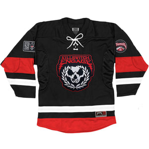 KILLSWITCH ENGAGE 'UNLEASHED' deluxe hockey jersey in black, white, and red front view