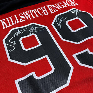 KILLSWITCH ENGAGE 'UNLEASHED' limited edition autographed deluxe hockey jersey in red, black, and white back view