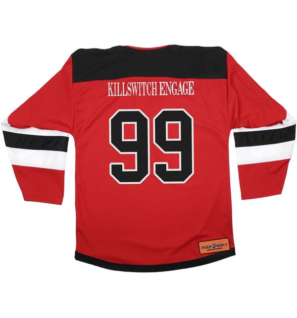 KILLSWITCH ENGAGE 'UNLEASHED' deluxe hockey jersey in red, black, and white back view