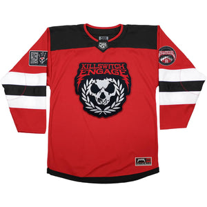 KILLSWITCH ENGAGE 'UNLEASHED' deluxe hockey jersey in red, black, and white front view