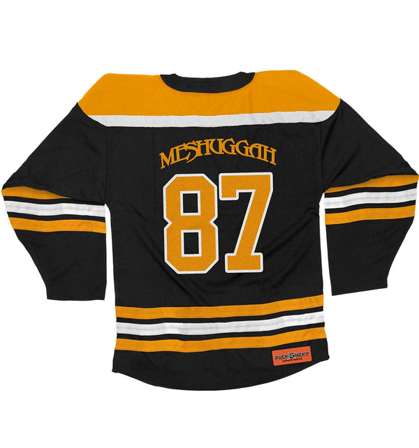 MESHUGGAH 'KNÖVELMETAL' hockey jersey in black, gold, and white back view