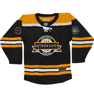MESHUGGAH 'KNÖVELMETAL' hockey jersey in black, gold, and white front view