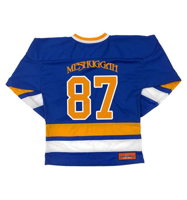 MESHUGGAH 'KNÖVELMETAL' hockey jersey in royal, gold, and white back view