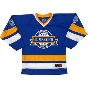 MESHUGGAH 'KNÖVELMETAL' hockey jersey in royal, gold, and white front view