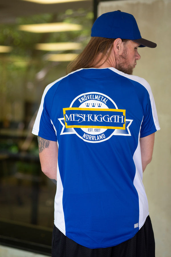 Meshuggah 'Knovelmetal' short sleeve spring league jersey in royal blue and white back view on model