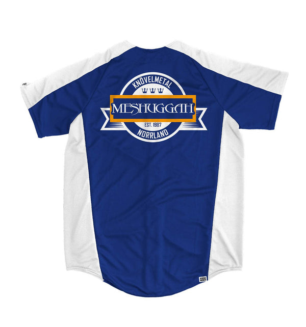 Meshuggah 'Knovelmetal' short sleeve spring league jersey in royal blue and white back view