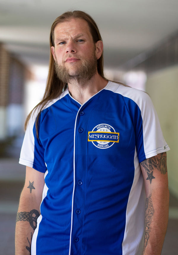 Meshuggah 'Knovelmetal' short sleeve spring league jersey in royal blue and white front view on model