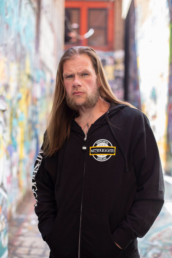 Meshuggah 'Knovelmetal' full zip hockey hoodie in black front view on model