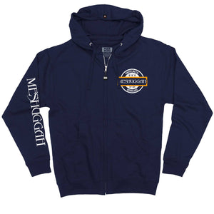MESHUGGAH 'KNÖVELMETAL' full zip hockey hoodie in navy front view