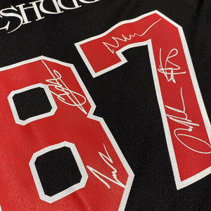MESHUGGAH 'THIS SPITEFUL SKATE' limited edition autographed hockey jersey in black, red, and white back view