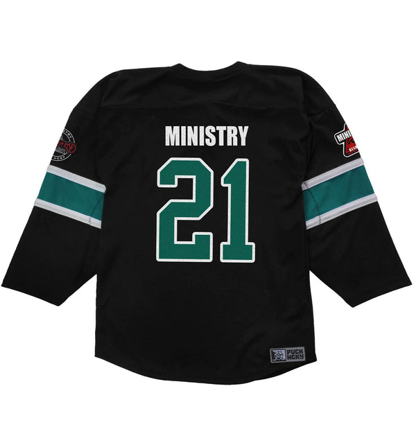 MINISTRY ‘MORAL HYGIENE’ hockey jersey in black, pacific teal, and white back view