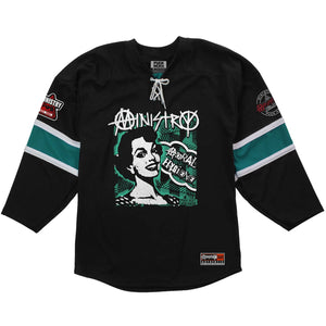 MINISTRY ‘MORAL HYGIENE’ hockey jersey in black, pacific teal, and white front view