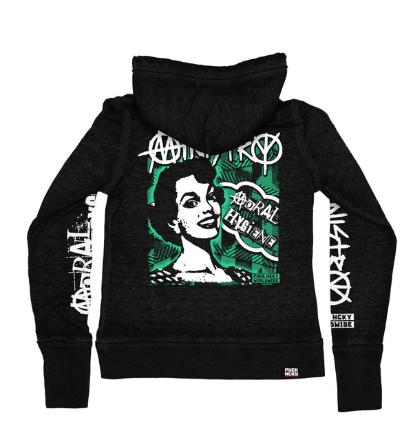 MINISTRY ‘MORAL HYGIENE’ women's full zip hockey hoodie in acid black back view