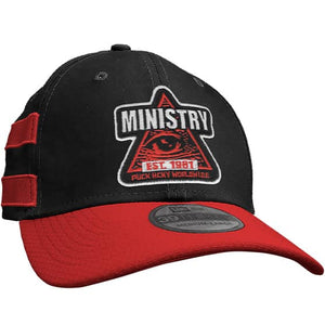 MINISTRY 'PYRAMID 81' stretch fit hockey cap in black with red brim and stripes