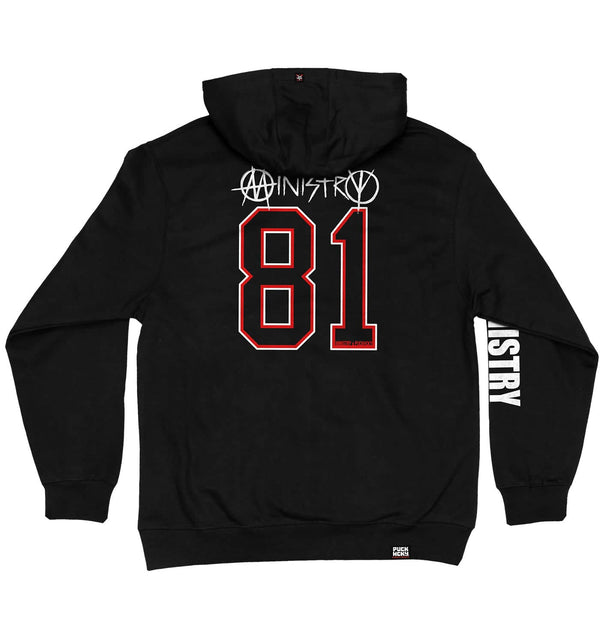 MINISTRY 'UNCLE AL WINDY CITY' laced pullover hockey hoodie in black with red and white laces with black stripes back view