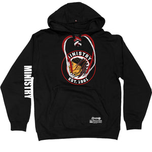 MINISTRY 'UNCLE AL WINDY CITY' laced pullover hockey hoodie in black with red and white laces with black stripes front view