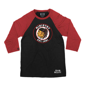 MINISTRY 'UNCLE AL WINDY CITY' hockey raglan t-shirt in black with red sleeves front view