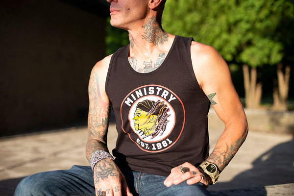 MINISTRY 'UNCLE AL WINDY CITY' hockey tank top in black front view on male model