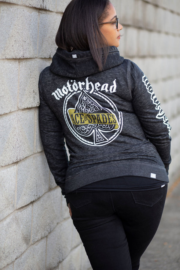 MOTÖRHEAD 'ACE OF SPADES' women's full zip hockey hoodie in acid black back view on model