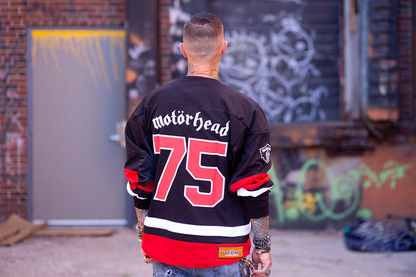 Motorhead 'Ace of Spades' deluxe hockey jersey in black, white, and red back view on model