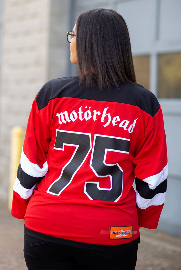 Motorhead 'Ace of Spades' deluxe hockey jersey in red, black, and white back view on model