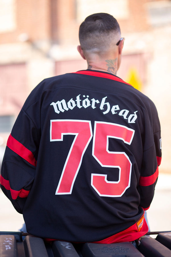 Motorhead 'Eagle' hockey jersey in black and red back view on model