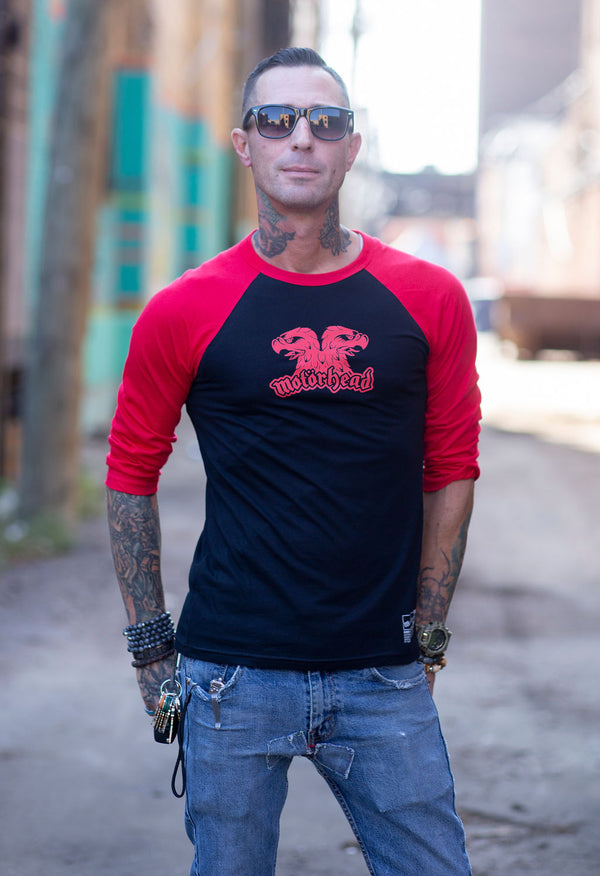 MOTÖRHEAD 'EAGLE' hockey raglan t-shirt in black with red sleeves front view on model