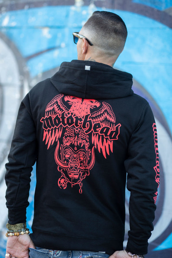 Motorhead 'Eagle' full zip hockey hoodie in black back view on model