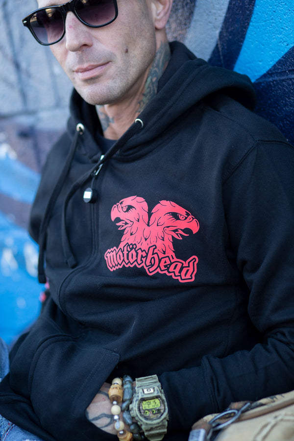 Motorhead 'Eagle' full zip hockey hoodie in black front view on model