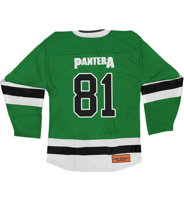 PANTERA 'A NEW LEVEL' deluxe hockey jersey in kelly, white, and black back view
